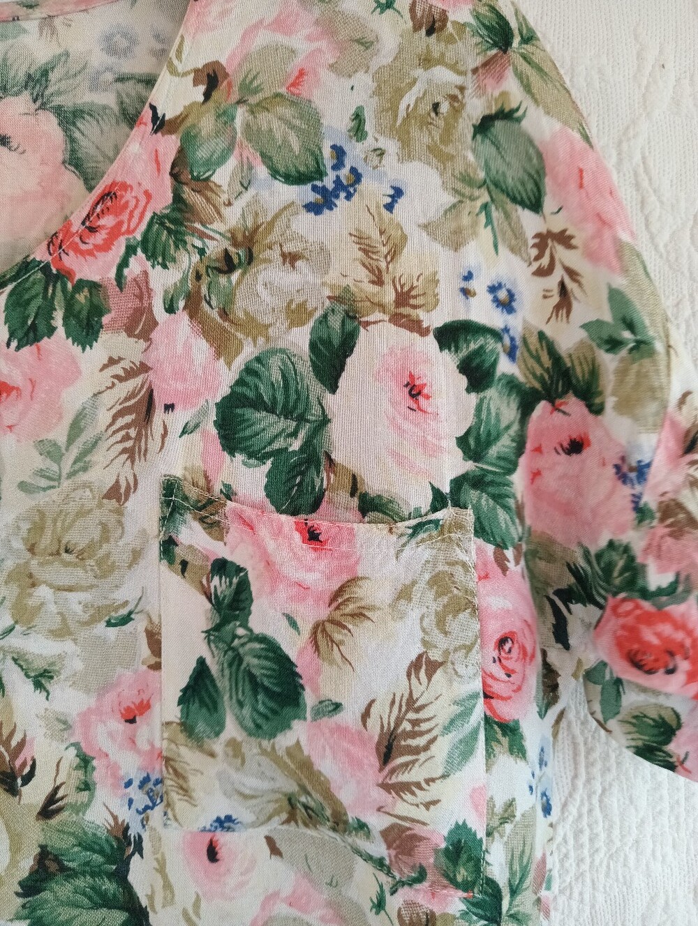 Vintage Garden Dress Floral Button-Front Midi Front Pocket Pink Green Soft Flowy - Picture 6 of 11